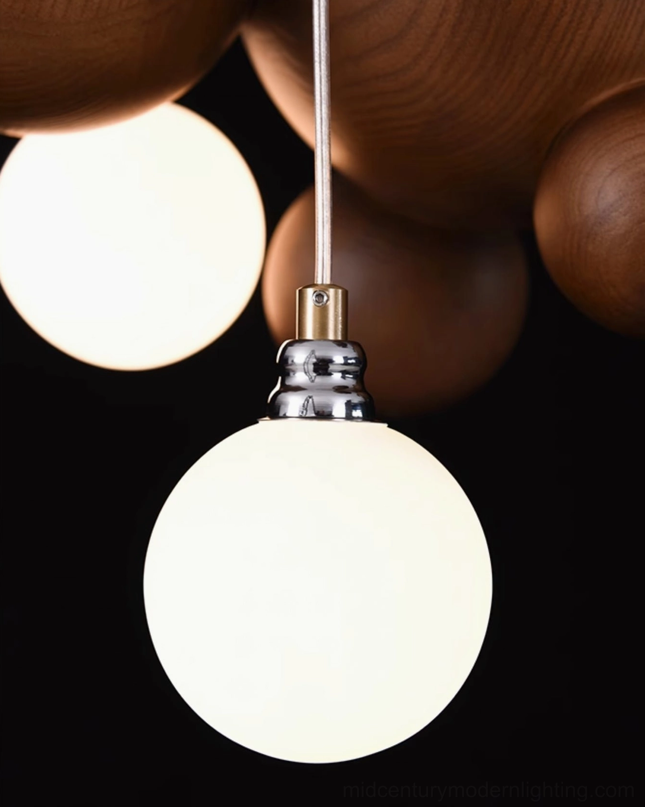 Bubble wood sphere chandelier full product view featuring natural wood spheres, integrated LED lighting, and sculptural composition
