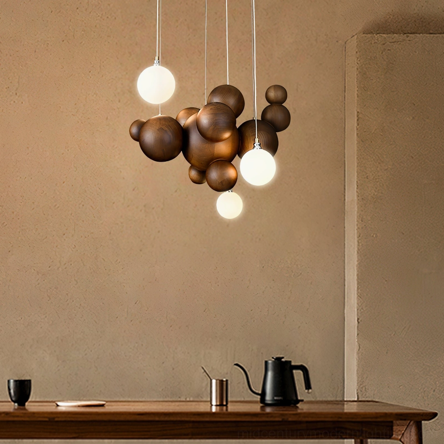 Wooden sphere pendant light installed in modern rustic dining area with round table and contemporary wall decor
