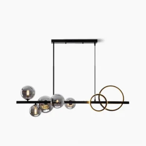 Bubi modern glass bubble chandelier with black metal frame and gold ring accents, frontal studio view on white background