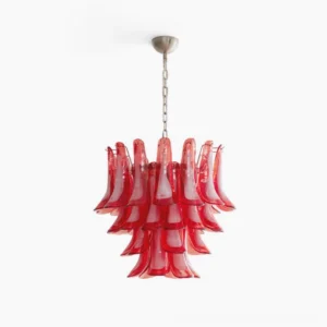 Buena hand-blown Murano glass chandelier with red cloud and nickel finish in mid-century modern design, overhead studio view