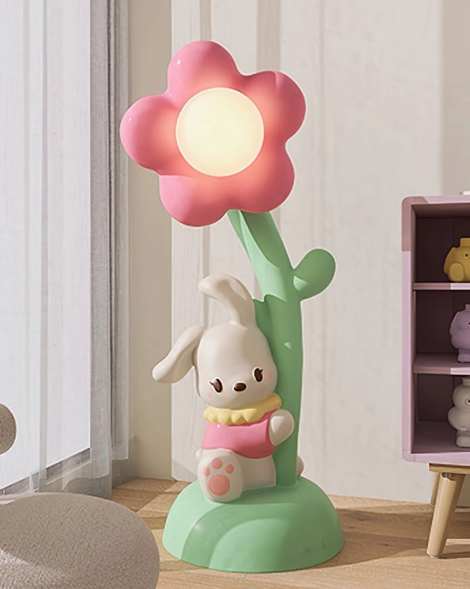 Detailed bunny figurine floor lamp with pink outfit in minimalist room with display cabinet