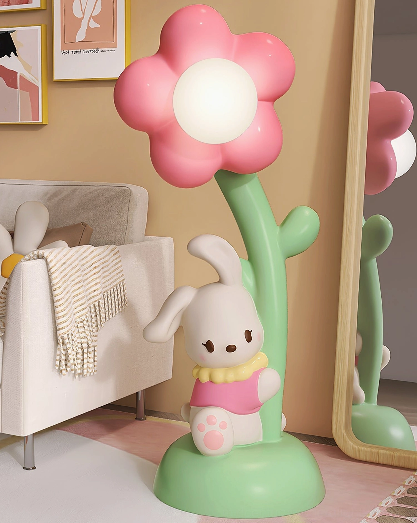 Bunny floor lamp in living room with mirror reflection visible, wall art and sofa background