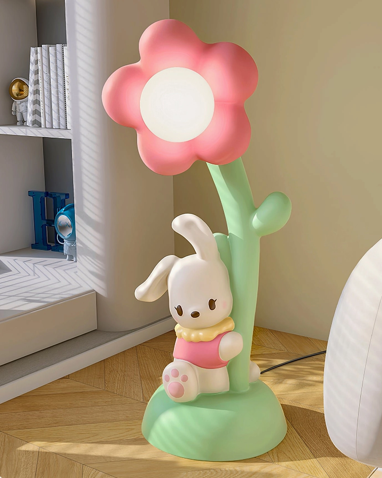 Adorable bunny floor lamp in modern living room bookshelf setting, cute cartoon styling