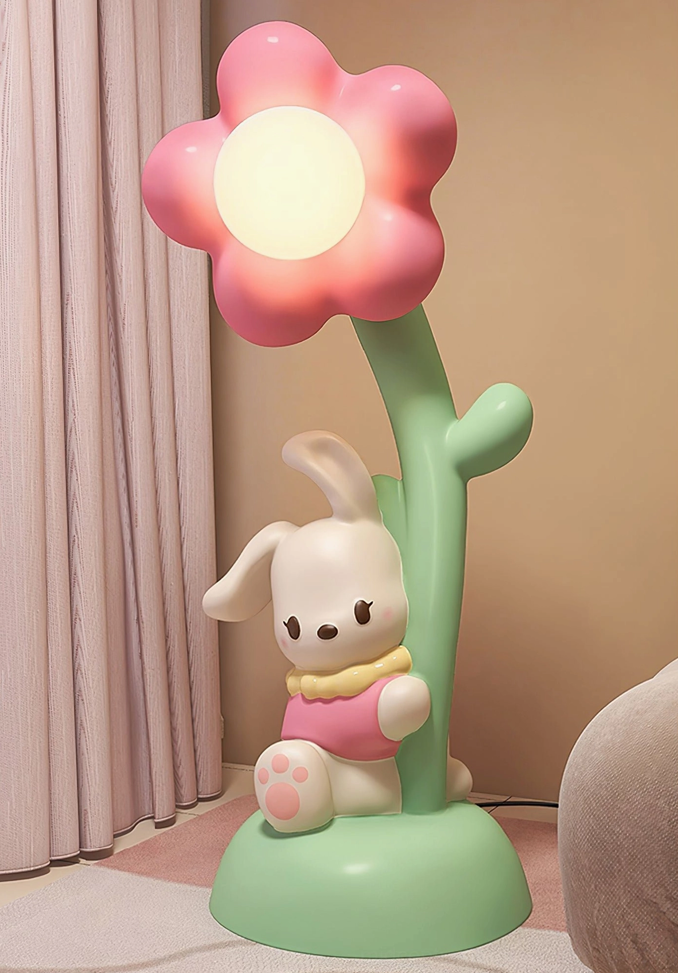 Side view of bunny floor lamp showing smooth matte resin finish, window curtains in background