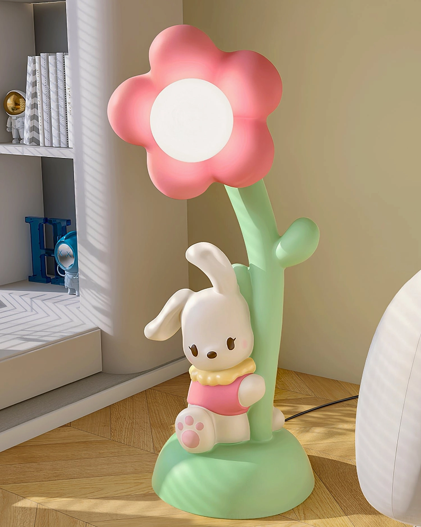 Bunny floor lamp with flower accent details, kawaii character design for children's room lighting