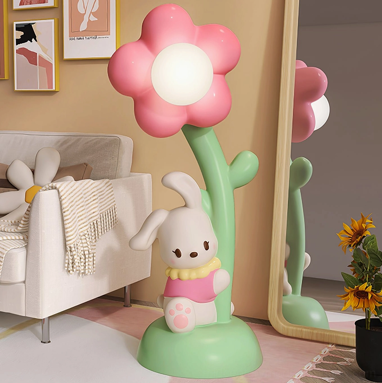 Bunny and flower LED floor lamp with soft warm illumination, energy-efficient modern lighting solution
