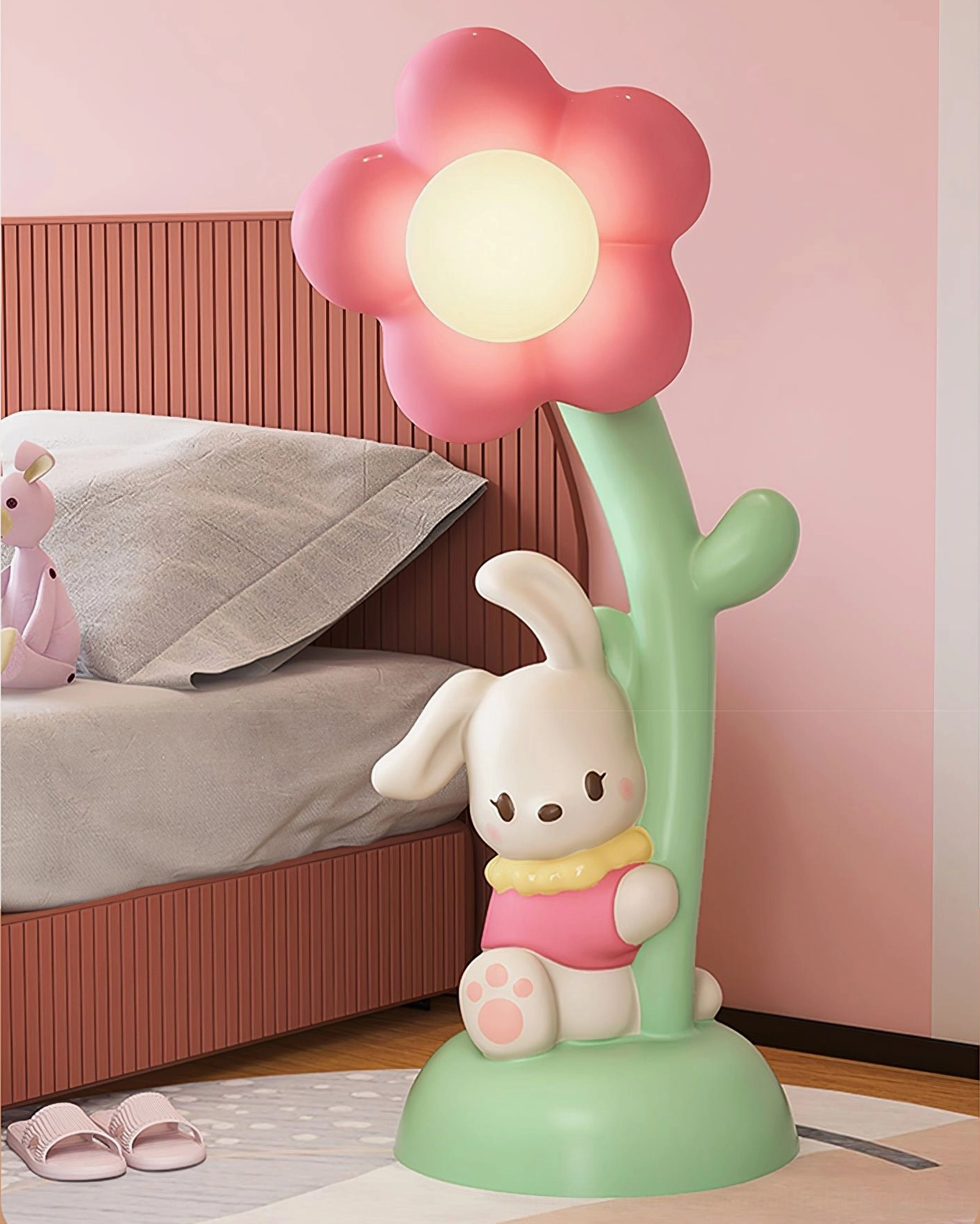 Cute kawaii bunny lamp beside tufted bed in child's bedroom, perfect nighttime companion lighting