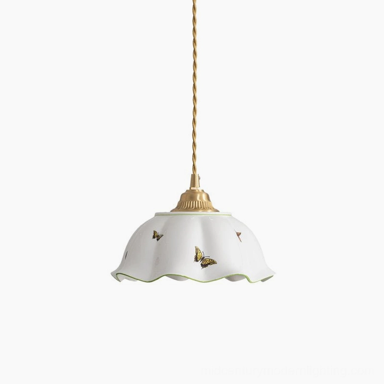 White and brass butterfly ceramic pendant lamp full product shot with scalloped shade and brass hanging fixtures