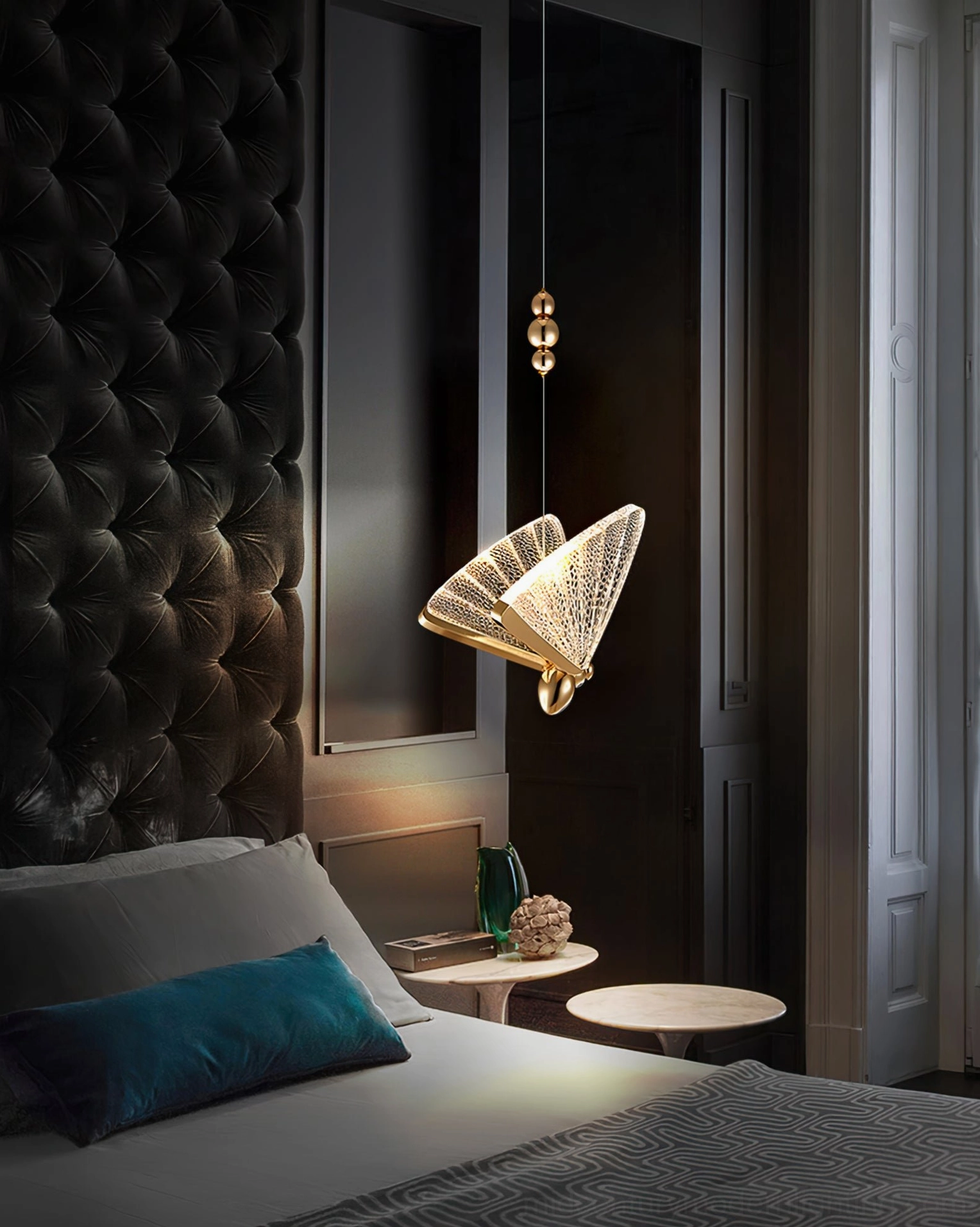 Multi-head butterfly pendant light cluster with brass finish