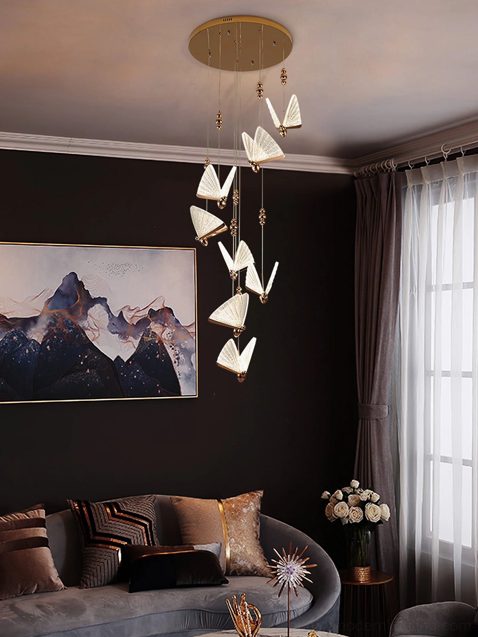 Butterfly pendant light metal frame and suspension hardware