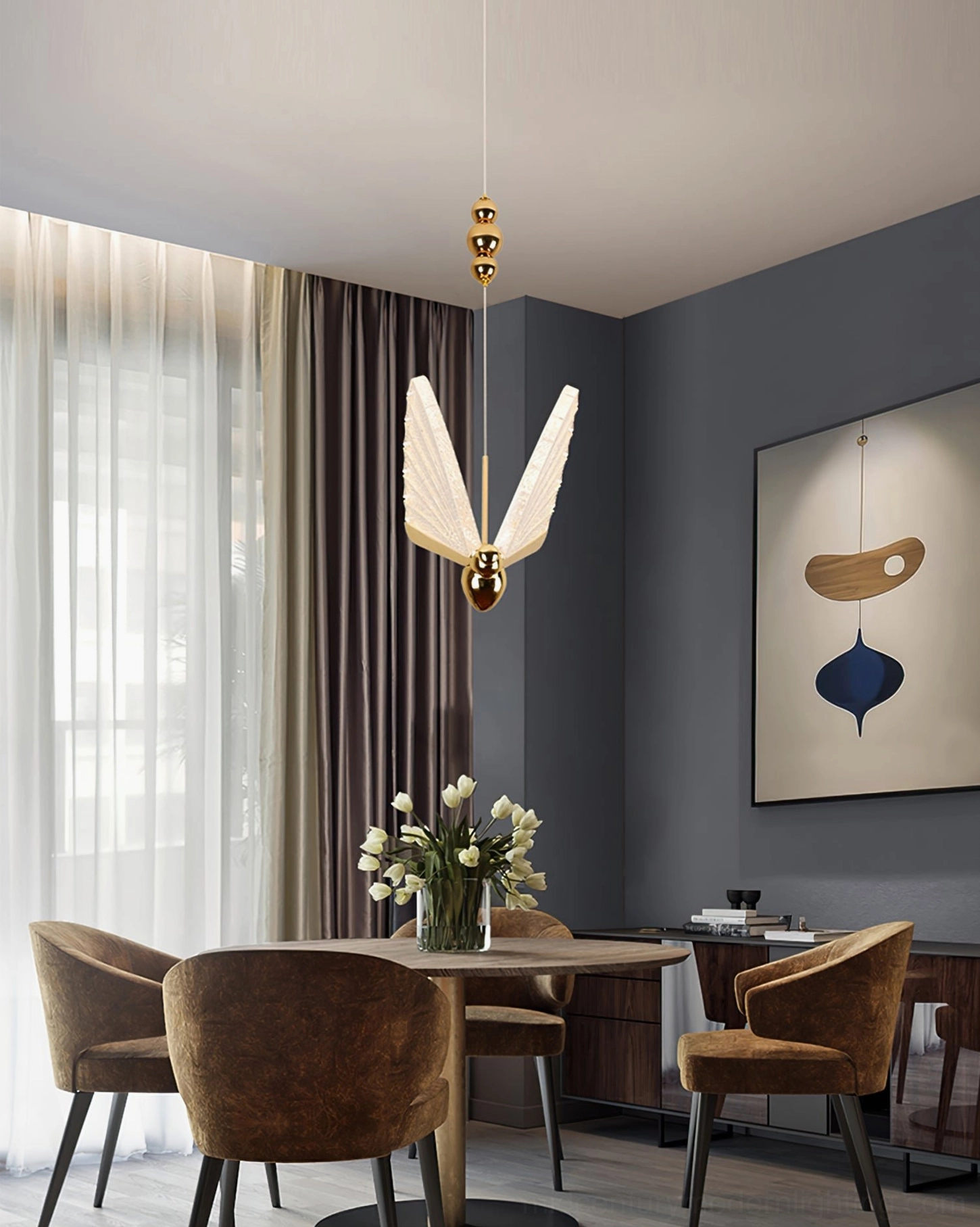 Butterfly pendant light multi-head configuration with round canopy