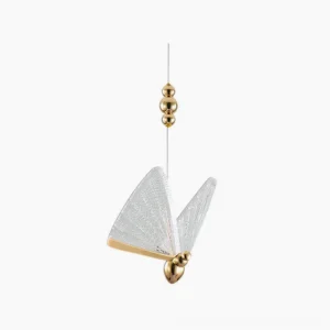 Butterfly pendant light with translucent acrylic wings and gold metal frame in frontal studio view