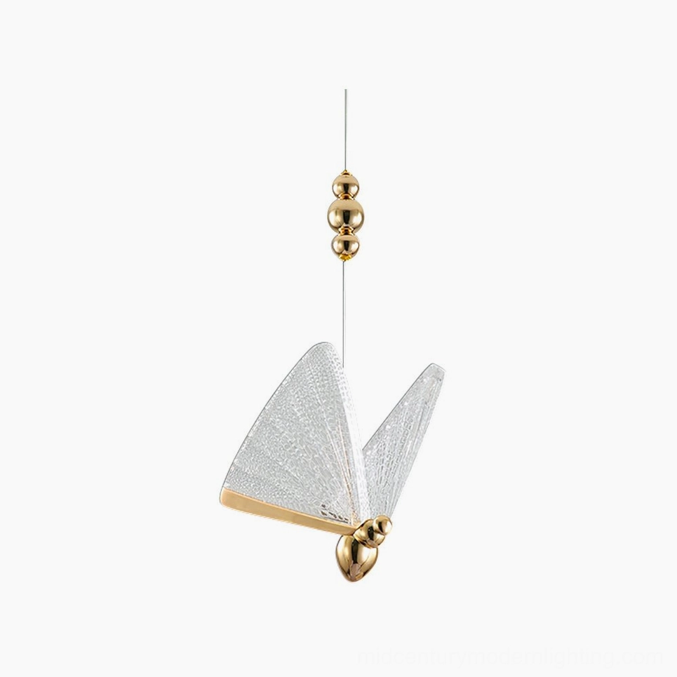 Butterfly pendant light with translucent acrylic wings and gold metal frame in frontal studio view