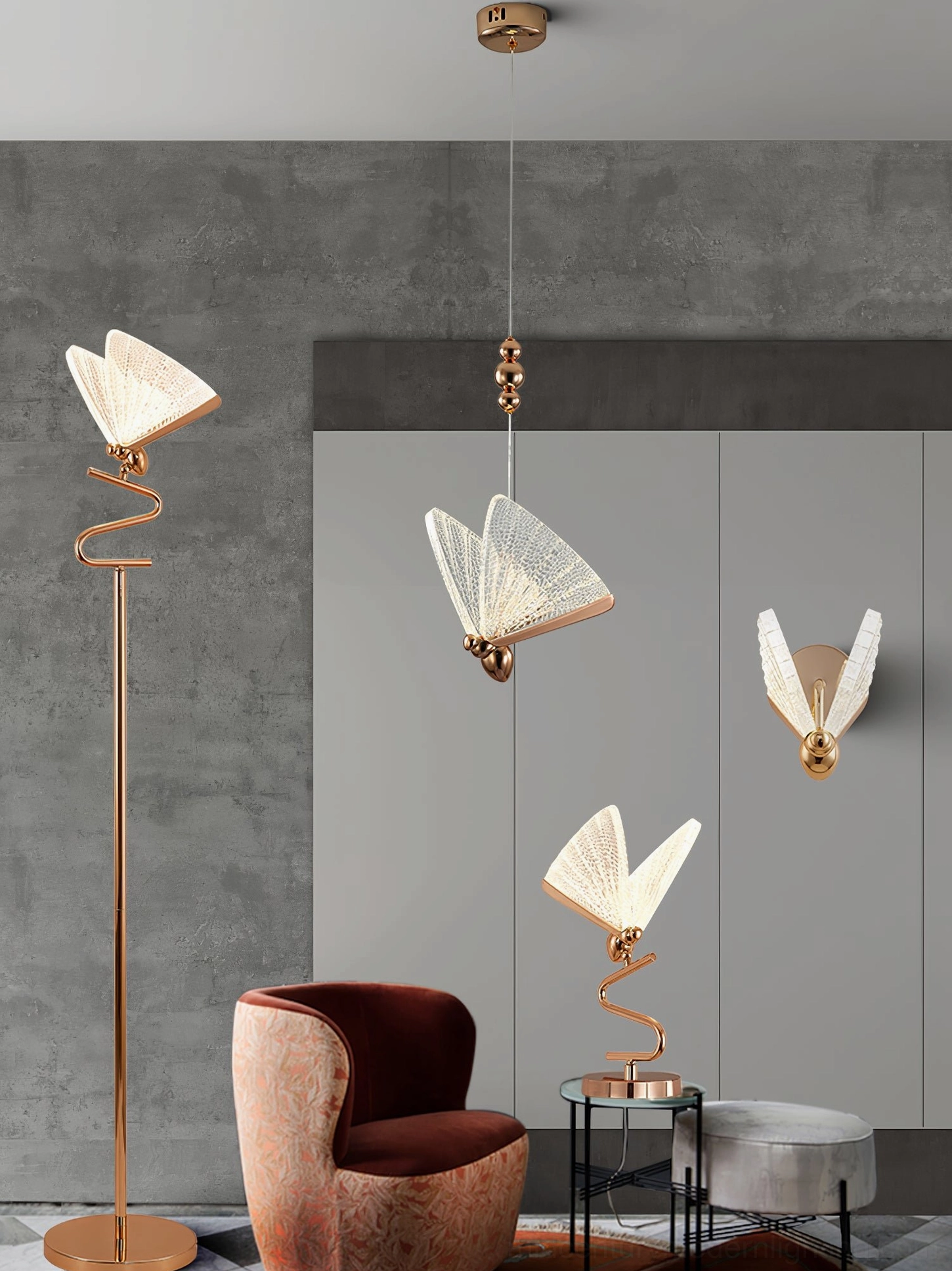 Butterfly pendant light showing warm color temperature