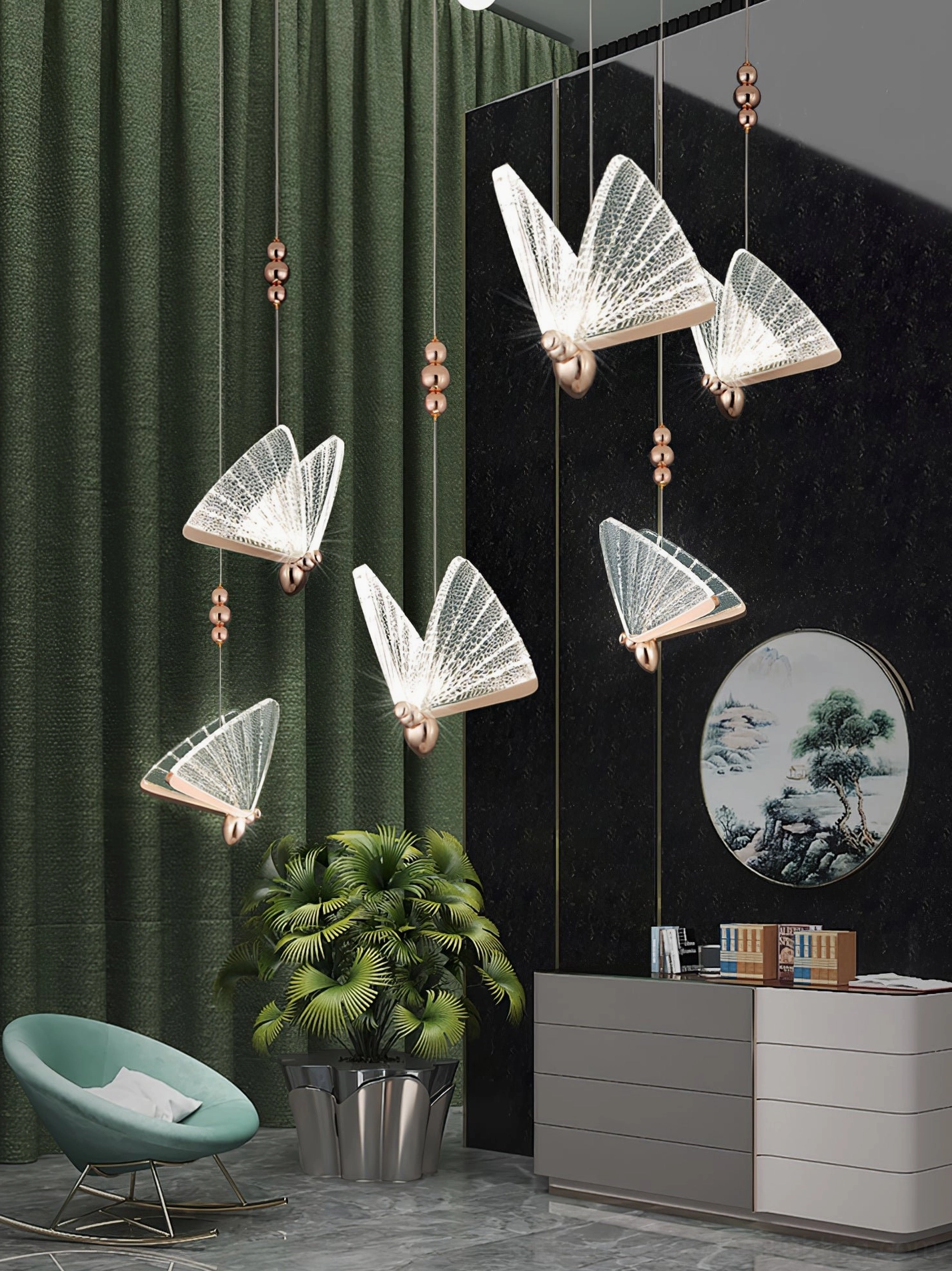 Butterfly pendant light with warm illumination in interior space