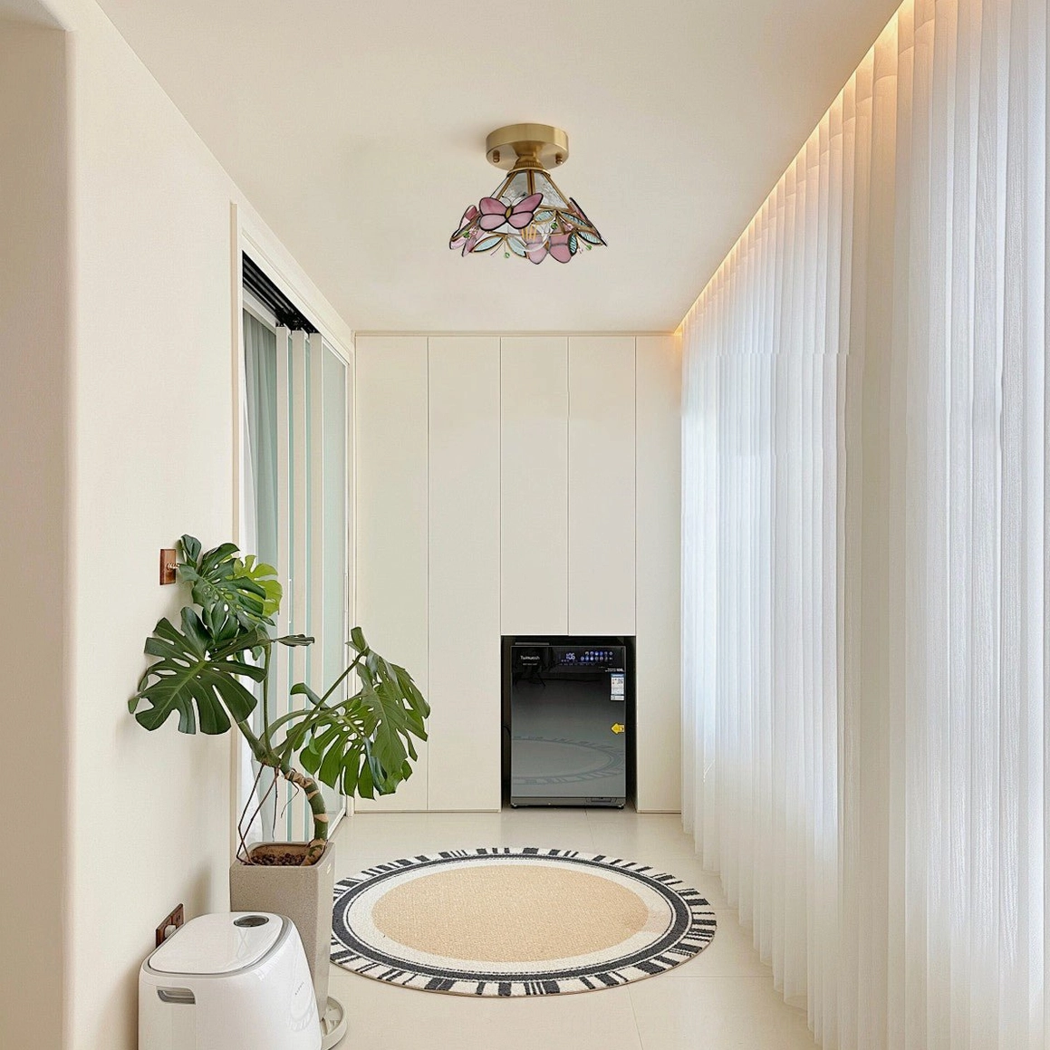 Lulla butterfly stained glass ceiling lamp in modern minimalist hallway with sheer curtains, pastoral home decor