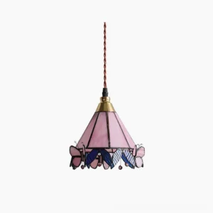 Pink and blue butterfly Tiffany stained glass pendant lamp with brass hardware, front studio view