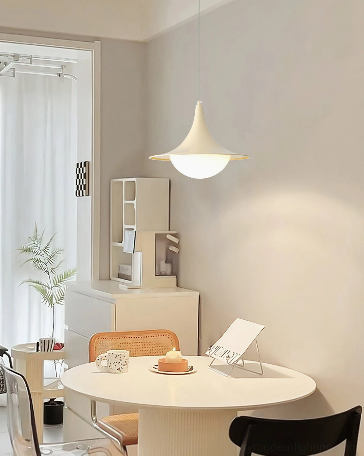 Cabana Pendant Light matte cream dome in compact home dining lounge, Scandinavian minimalist design