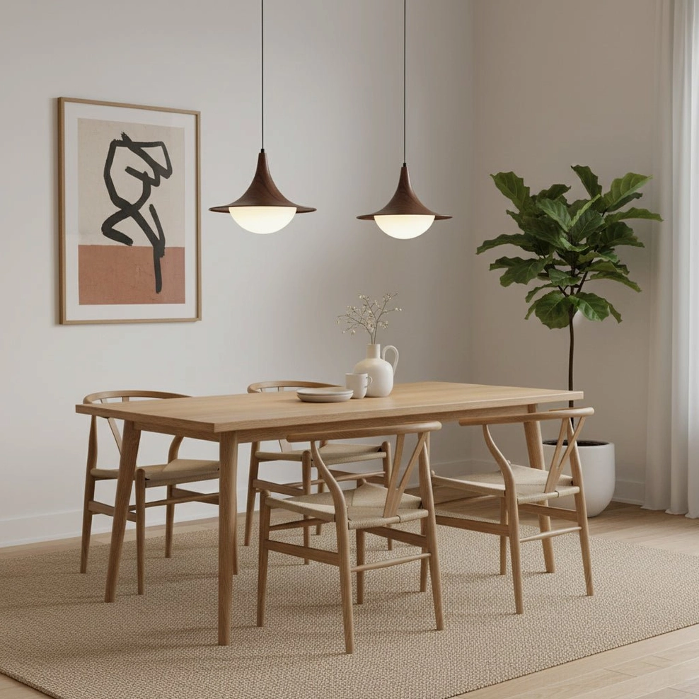 Cabana Pendant Light dual dark brown pendant set in rustic wooden dining space, boho minimalist interior