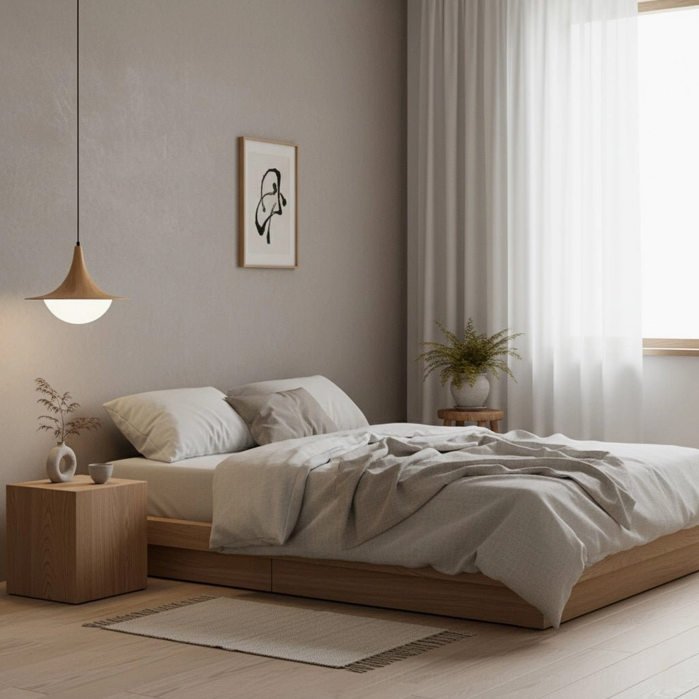 Cabana Pendant Light dark walnut finish in minimalist bedroom bedside pendant configuration