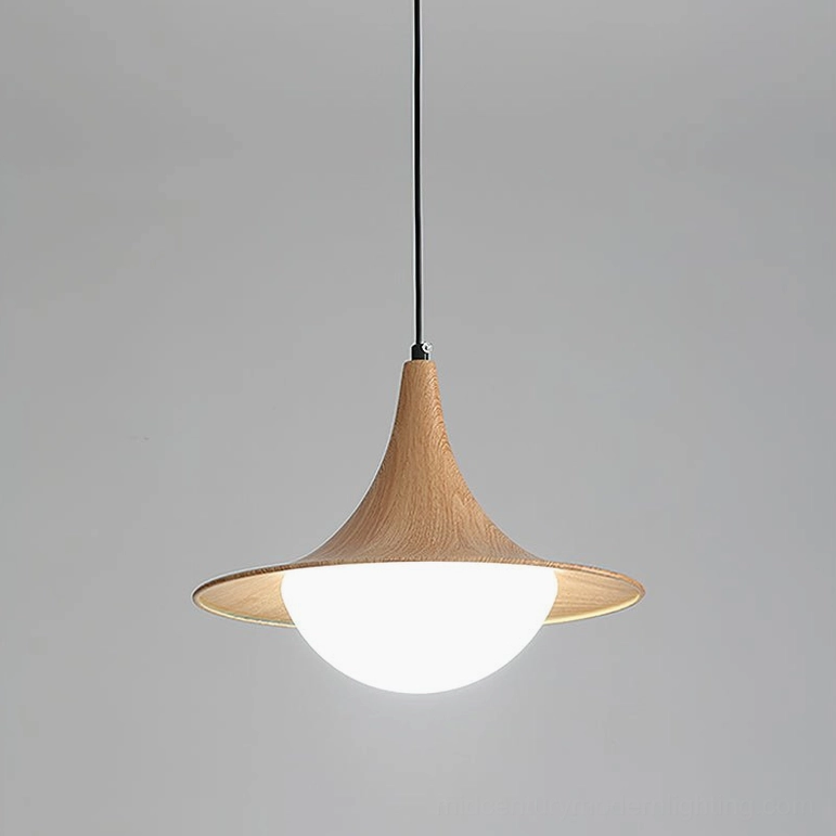 Cabana Pendant Light wood color finish, mid-century modern minimalist dome pendant in warm light