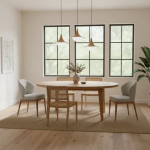 Cabana Pendant Light warm wood tone pendant set in bright dining room interior, Scandinavian minimalist aesthetic