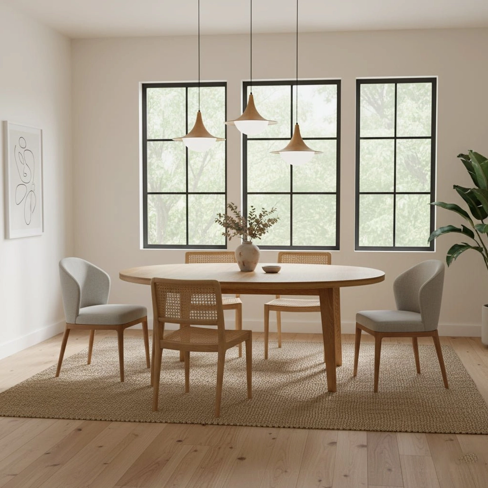 Cabana Pendant Light warm wood tone pendant set in bright dining room interior, Scandinavian minimalist aesthetic