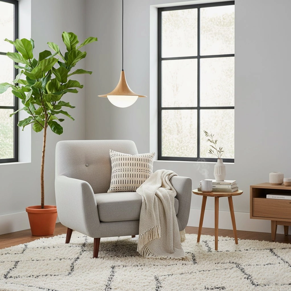 Cabana Pendant Light warm light wood tone pendant in cozy living room corner, soft ambient lighting