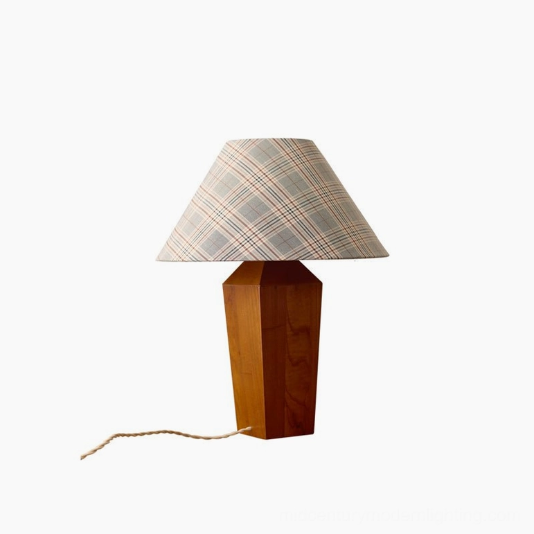 Cabin mid-century modern table lamp complete view walnut wood base red black plaid shade E26 bulb
