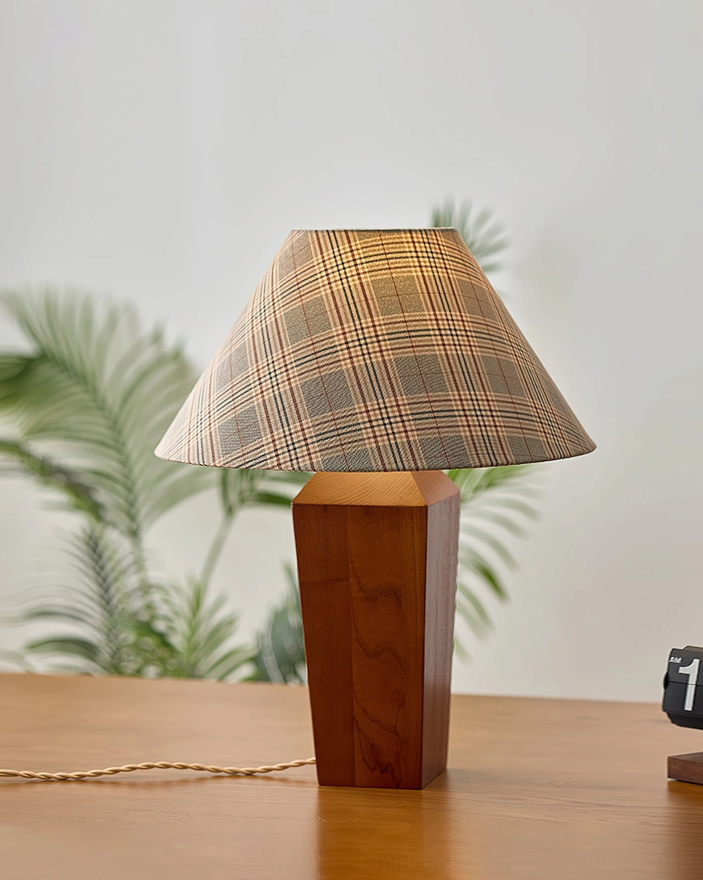 Cabin mid-century modern table lamp walnut wood base with red plaid fabric shade detail shot