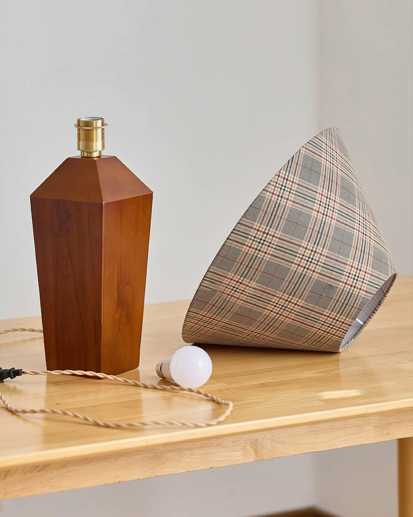 Cabin table lamp unassembled components showing walnut wood base, plaid fabric shade and LED bulb kit