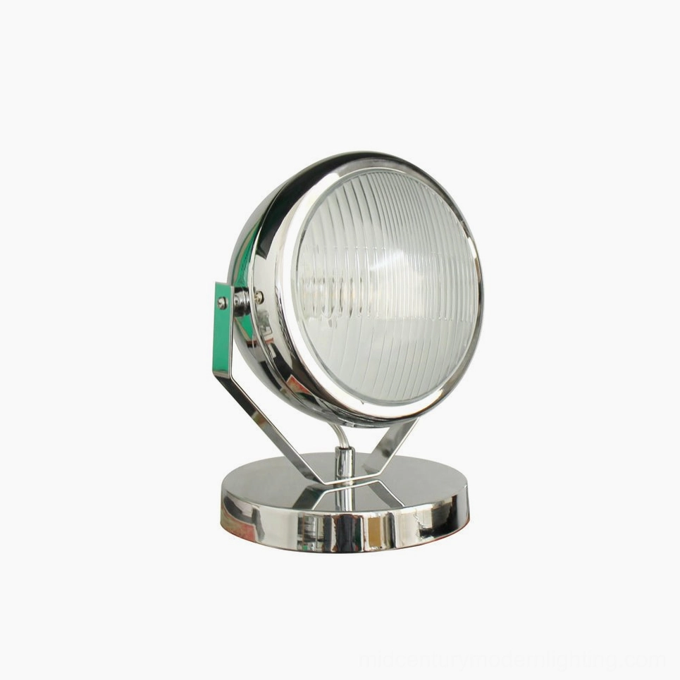Cadillac chrome polished metal industrial spotlight table lamp - side profile showcasing reflective finish and form