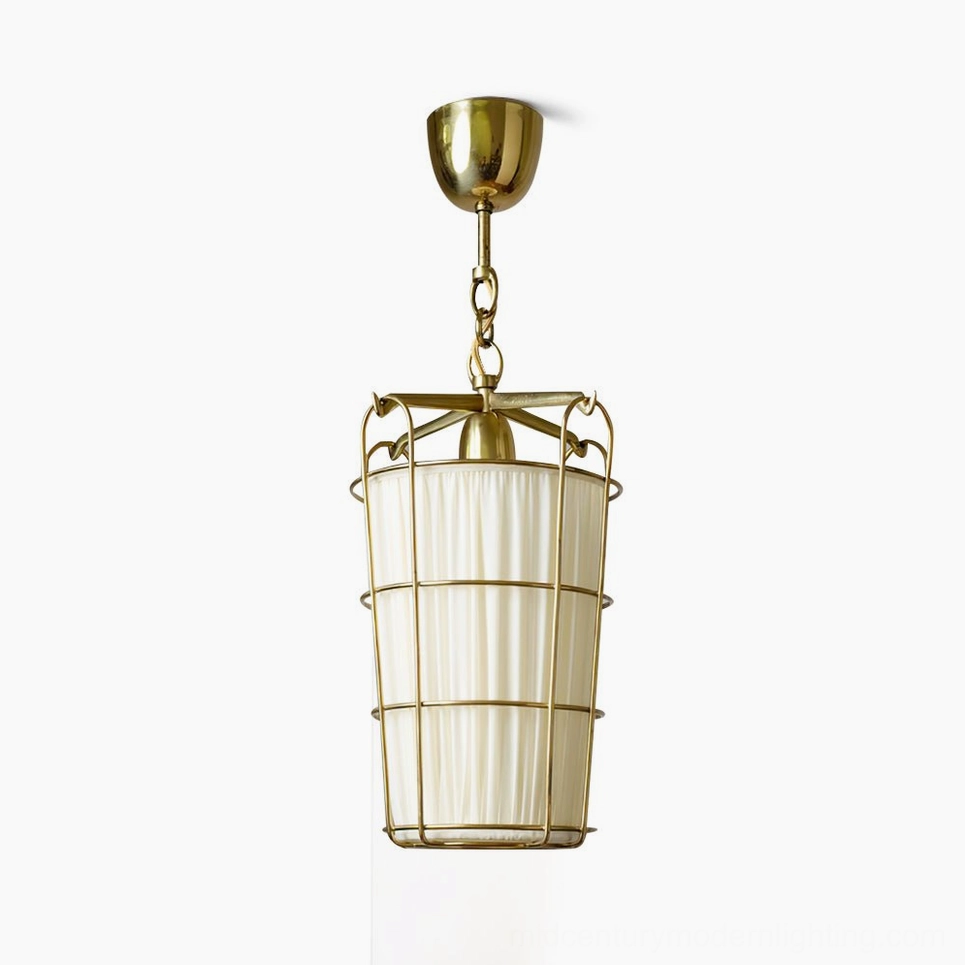 Caged pendant chandelier available in gold and white finish options for mid-century modern interiors