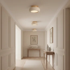 Cairns flush mount light installed in minimalist beige hallway with paneled walls and wood flooring