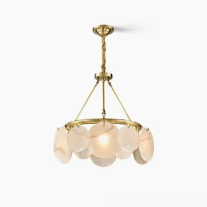 Calamete alabaster chandelier overhead view, 5-light and 6-light configurations, brass and white natural stone, mid-century modern pendant lighting