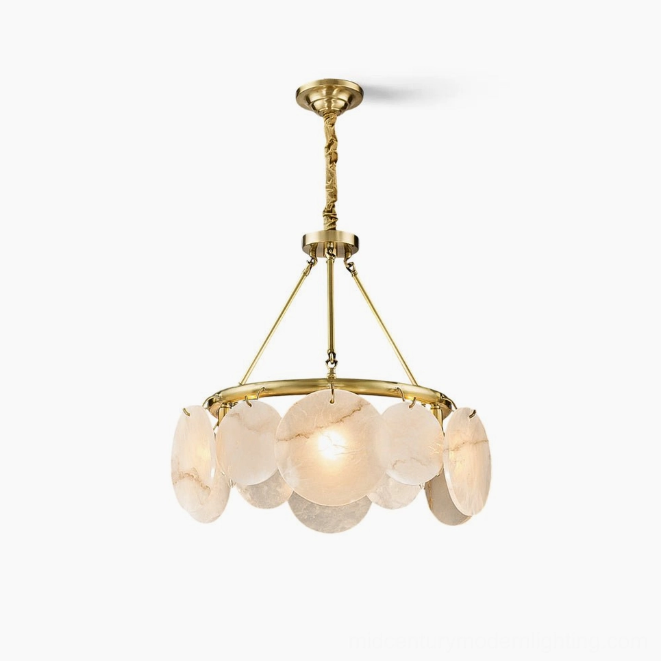 Calamete alabaster chandelier overhead view, 5-light and 6-light configurations, brass and white natural stone, mid-century modern pendant lighting