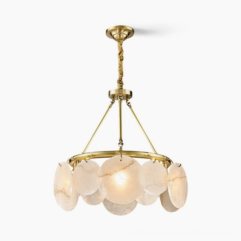 Calamete alabaster chandelier studio overhead view 10-light configuration, white alabaster round shades, brass frame, modern luxury lighting