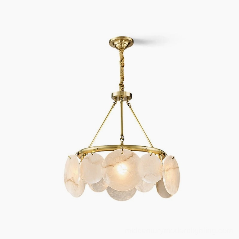 Calamete alabaster chandelier 6-light configuration, polished brass and white alabaster, mid-century pendant design