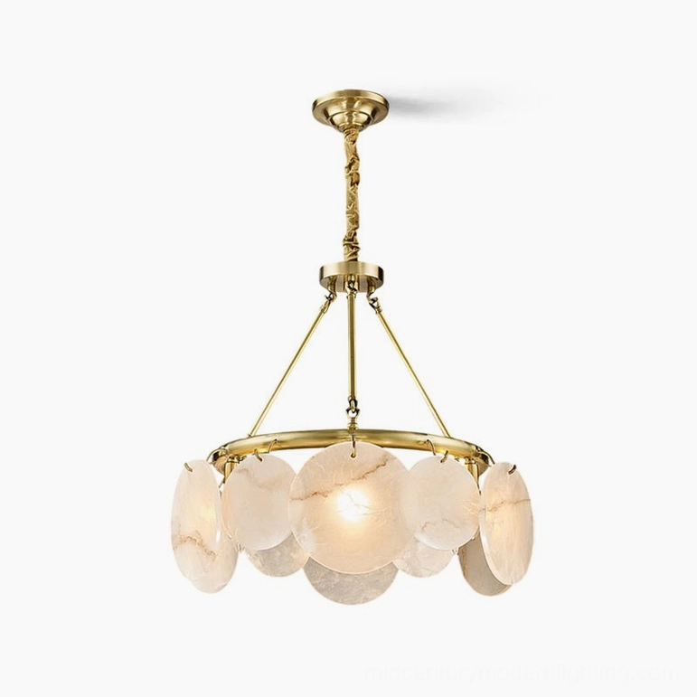 Calamete alabaster chandelier 8-light model, natural stone pendant shades, mid-century modern brass ceiling fixture