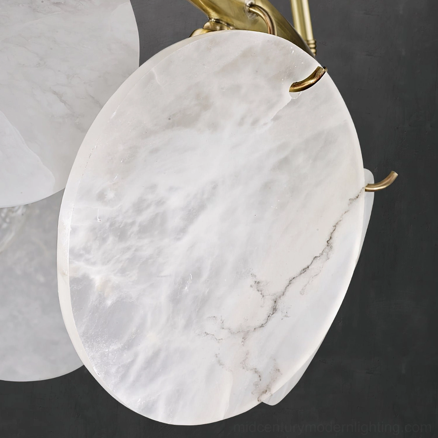 Calamete alabaster lamp shade closeup, natural grey vein patterns, metal hanging clip suspension system