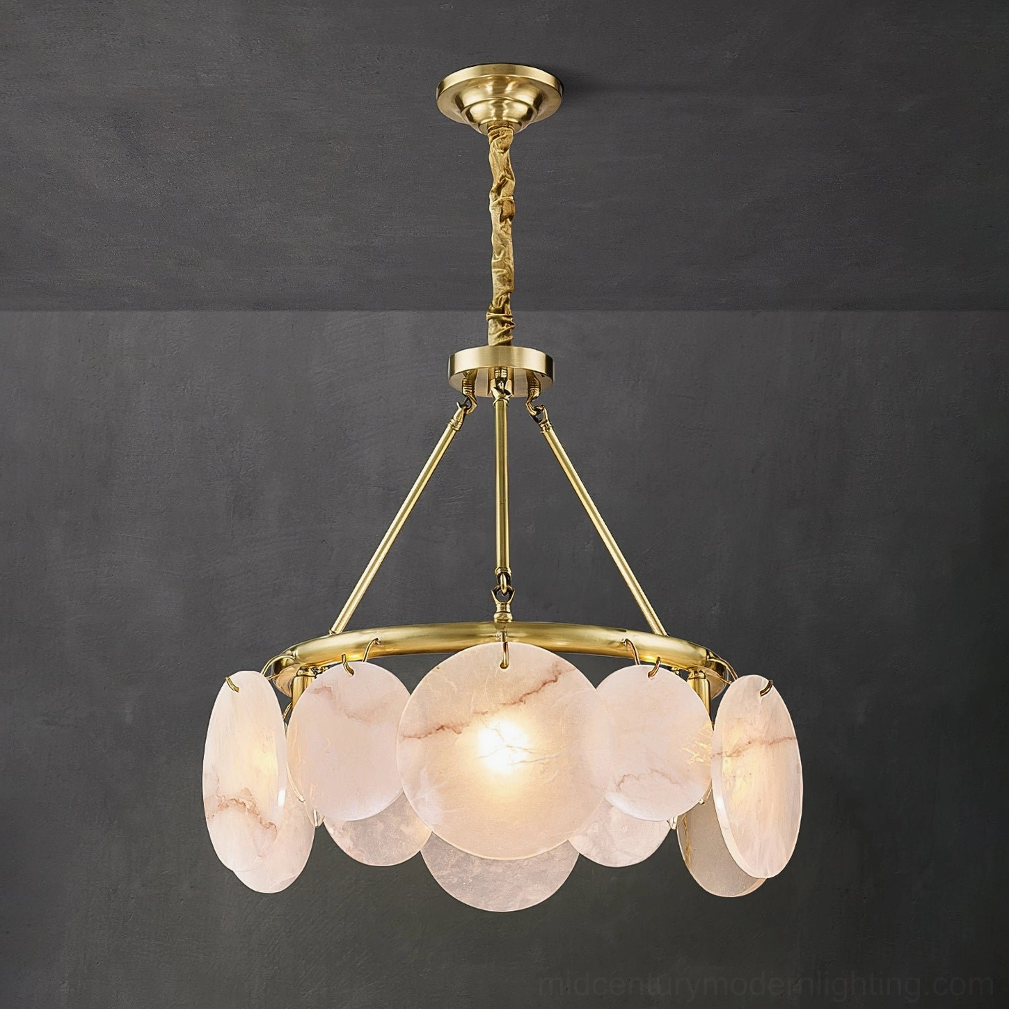 Calamete chandelier overhead front view, twisted brass hanging rod, illuminated alabaster shades, mid-century modern fixture