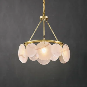Calamete chandelier close-up illuminated, natural alabaster stone shades with warm glow, round pendant design, E14 bulb detail