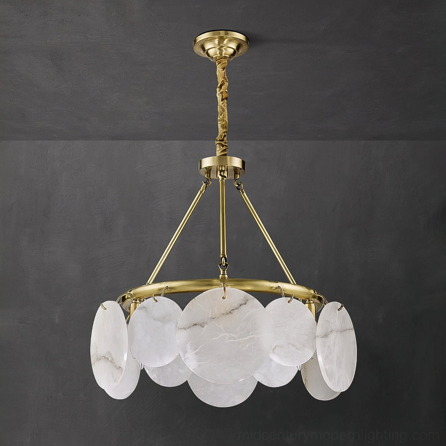 Calamete alabaster chandelier unlit detail view, natural marble veining white stone, close-up pendant shade texture