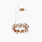 Calathea handcrafted copper chandelier with cascading clear glass leaf elements, front-angled view showcasing ginkgo-inspired design and mid-century modern aesthetic