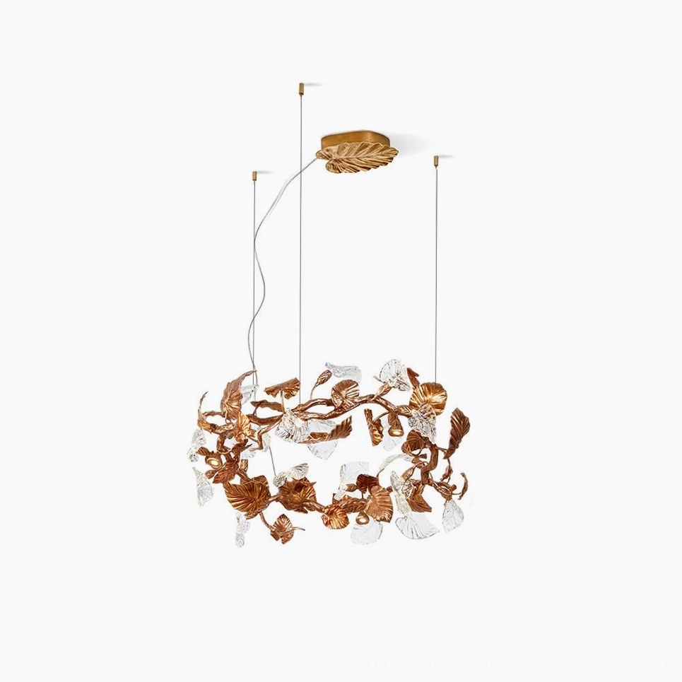 Small circular Calathea leaf chandelier in antique copper and clear glass, matching design details with botanical leaf elements