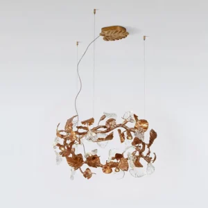 Compact Calathea leaf chandelier with multiple suspension cords and brass ceiling mount, flat front view of delicate glass foliage