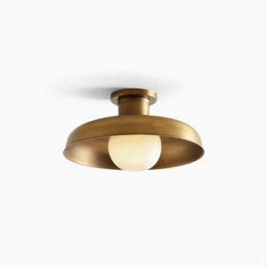 Caldera mid-century modern ceiling lamp brass finish overhead studio view showing disc metal frame and frosted glass dome