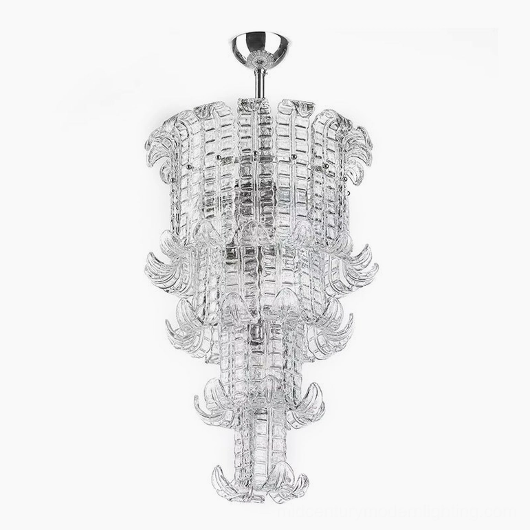 Calista Murano chandelier full front product shot with standard tiered design, chrome ceiling cap, and hand-blown Venetian glass