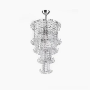 Calista Murano chandelier full overhead studio view showcasing tiered hand-blown Venetian glass layers and polished chrome hardware