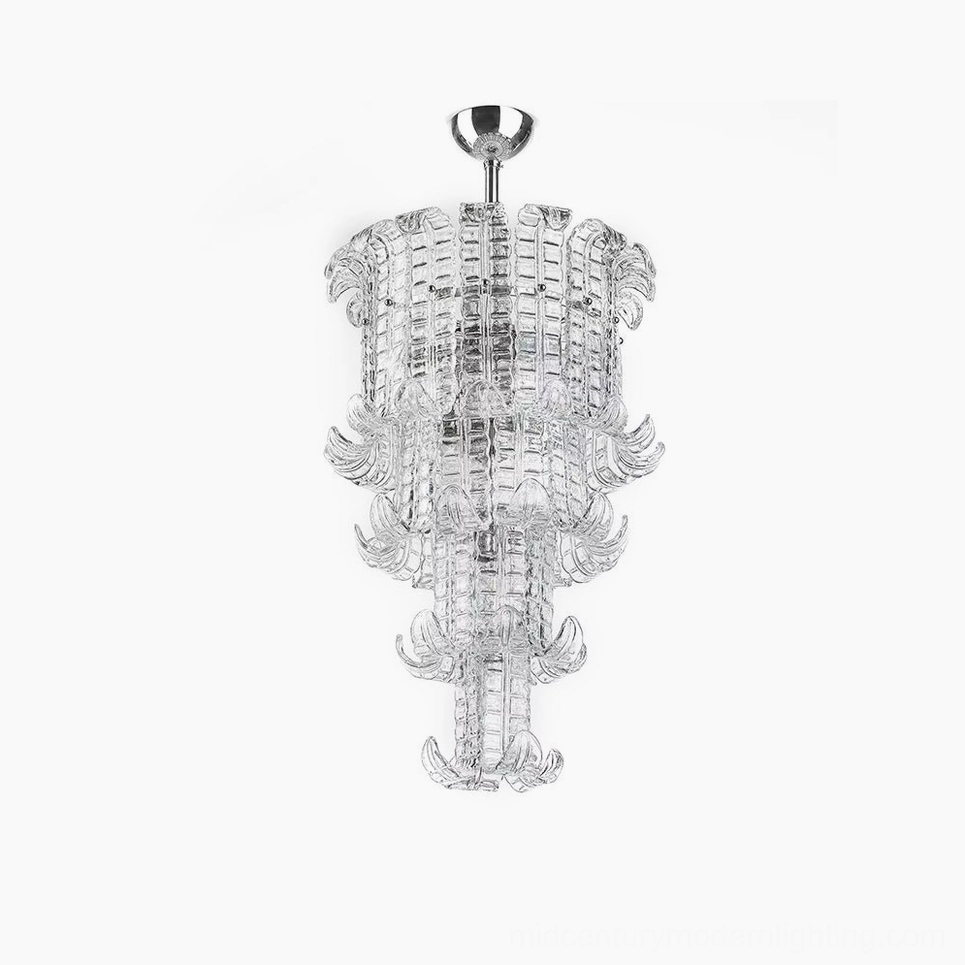 Calista Murano chandelier full overhead studio view showcasing tiered hand-blown Venetian glass layers and polished chrome hardware